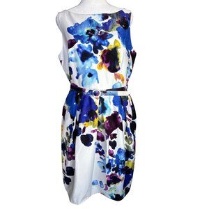 Eliza J Size 12 Watercolor Bright Floral Sleeveless Dress Belt &‎ V-Back